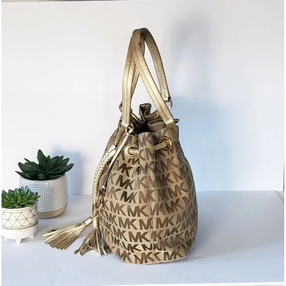 Michael Kors Jet Set Large Signature Gathered Hobo Satchel Tote Gold and Brown